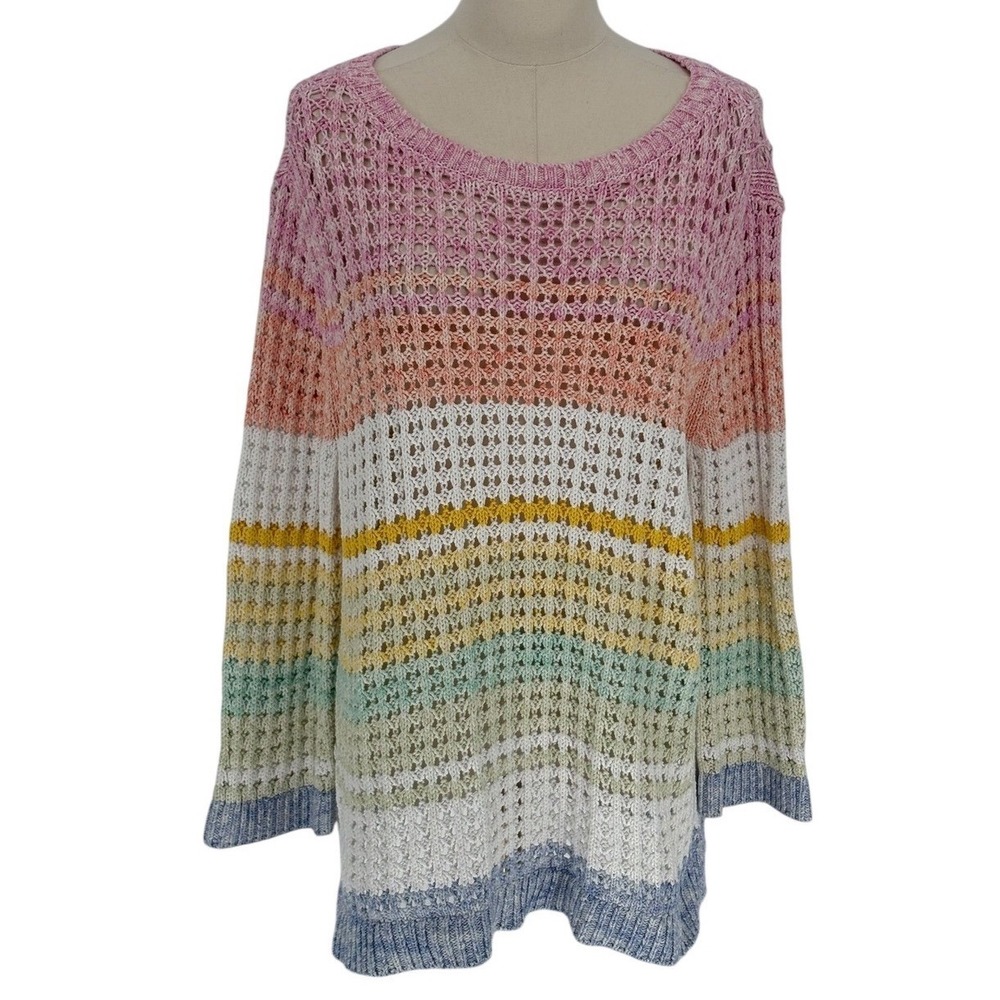 Talbots Petite Striped Crochet Knit Sweater Pink Yellow Blue‎ White XL